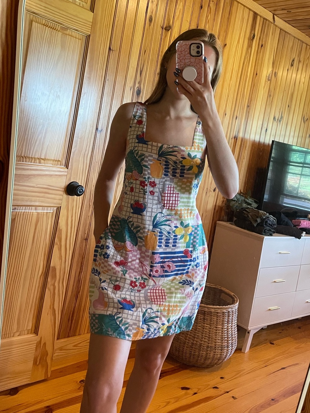 Japna Multi-Print Square-Neck Mini Dress in Blue, Green, Pink and Yellow